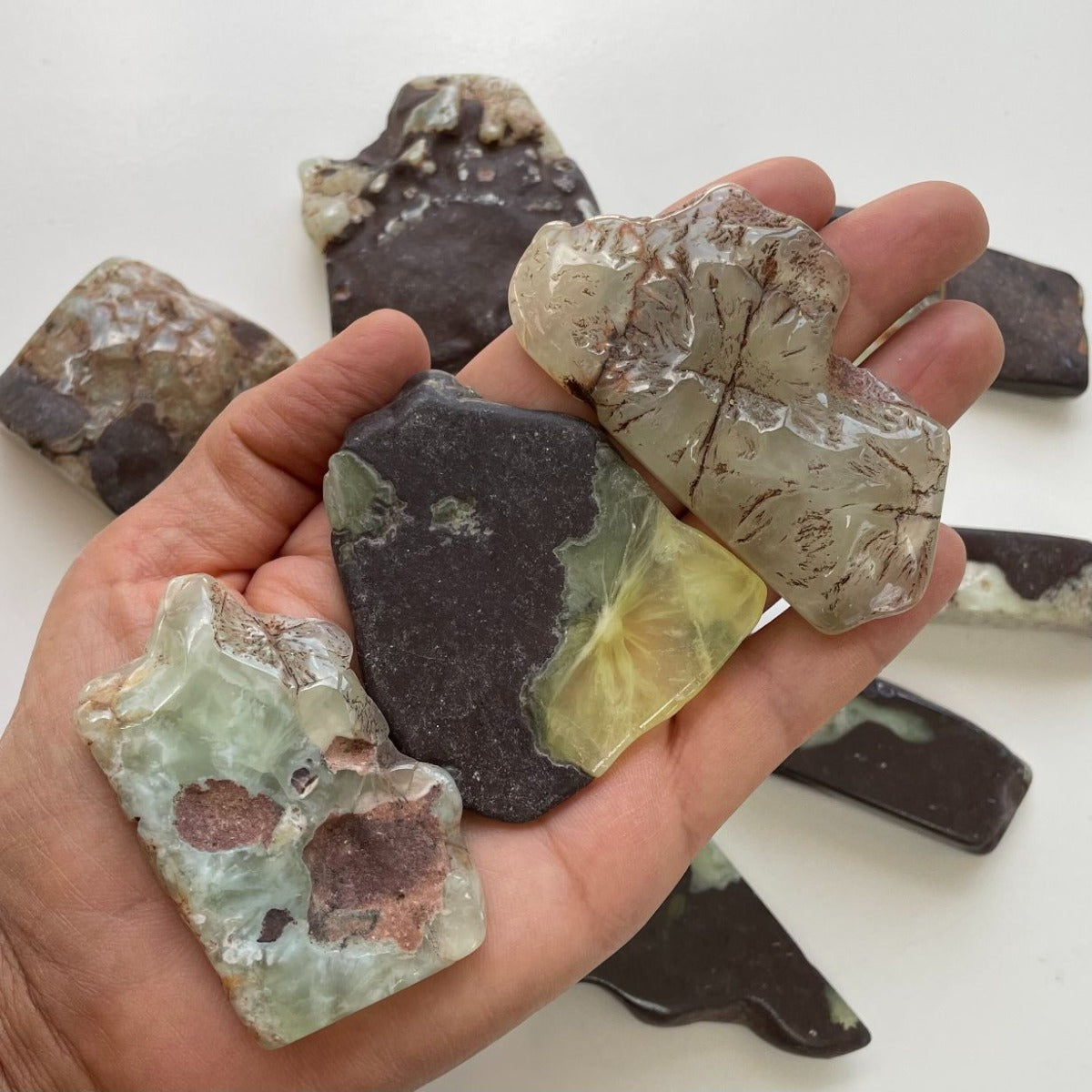 Polished Slabs - Epidote In Prehnite - 500g(12-20)pc Polished Slabs - Epidote In Prehnite - 500g(12-20)pc